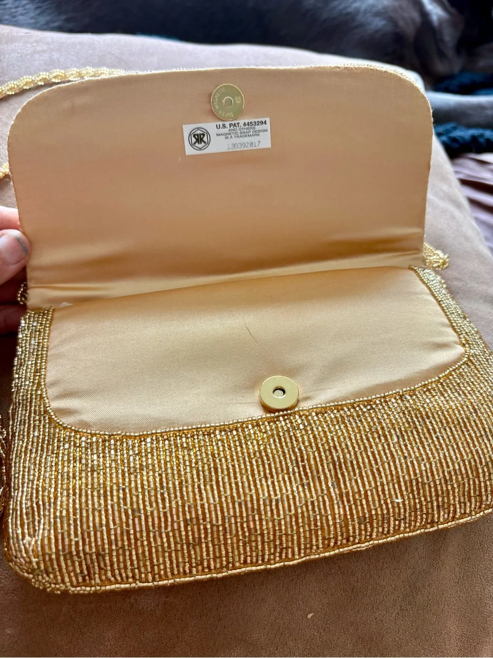 Gold Glitz Beaded Evening Clutch with Lacey Gold Chain Strap